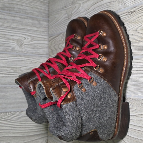 Woolrich Rockies Brown Full Grain Leather Grey Wool Hiking Boots Womens Size 9 - Picture 2 of 12